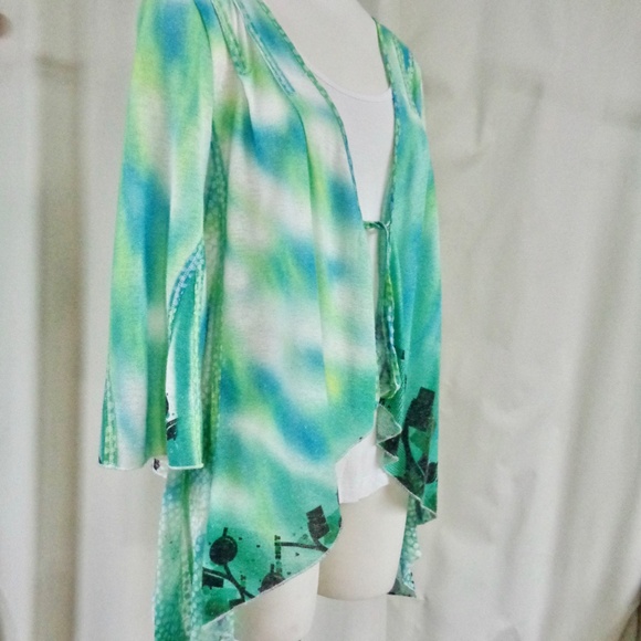 ANIA.A. TURQUOISE WATERCOLOR PRINT 3/4 SLEEVE TIE FRONT LIGHT WEIGHT JACKET S - Picture 6 of 10